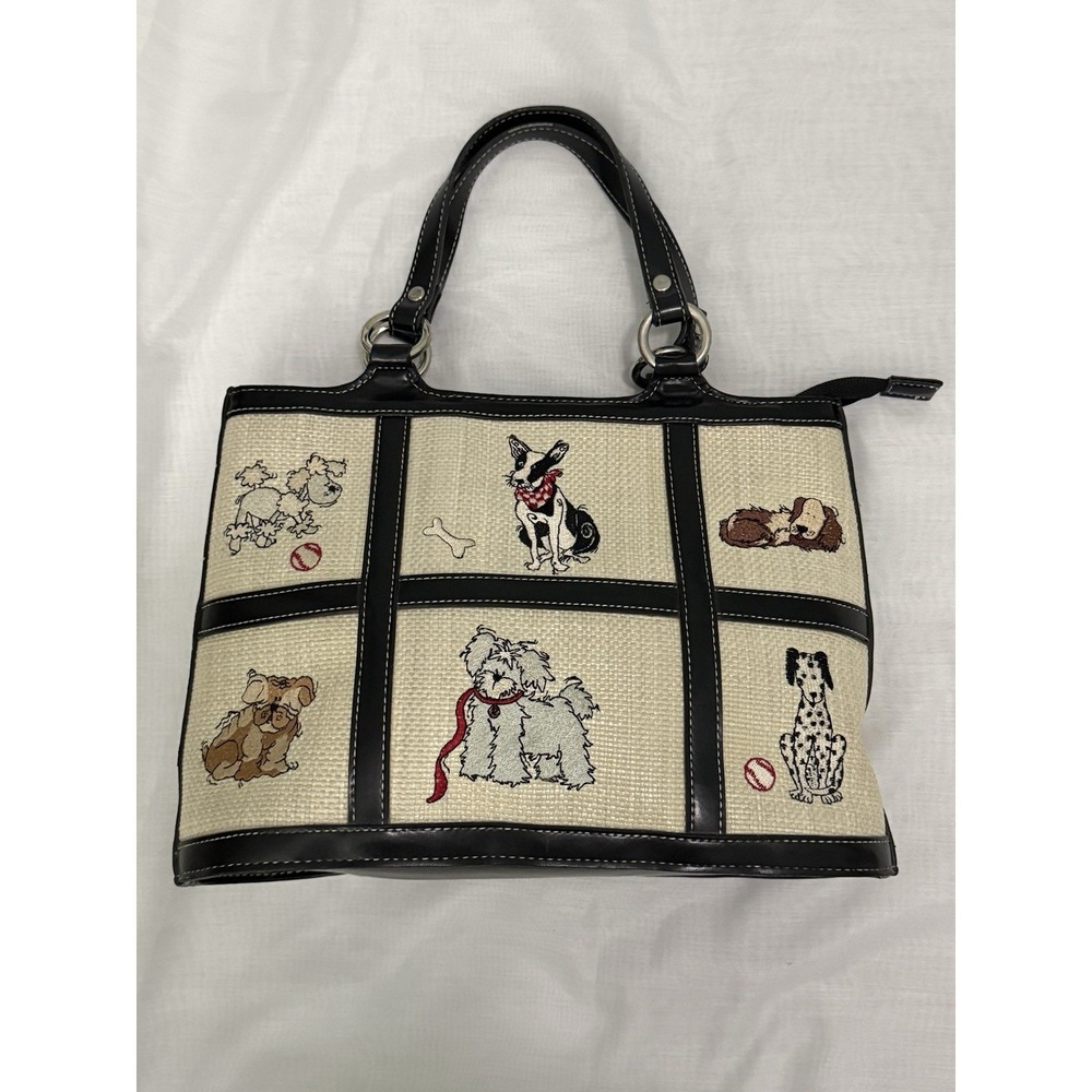 DOGS Themed Embroidered Woven Canvas‎ Hand Bag Purse Read